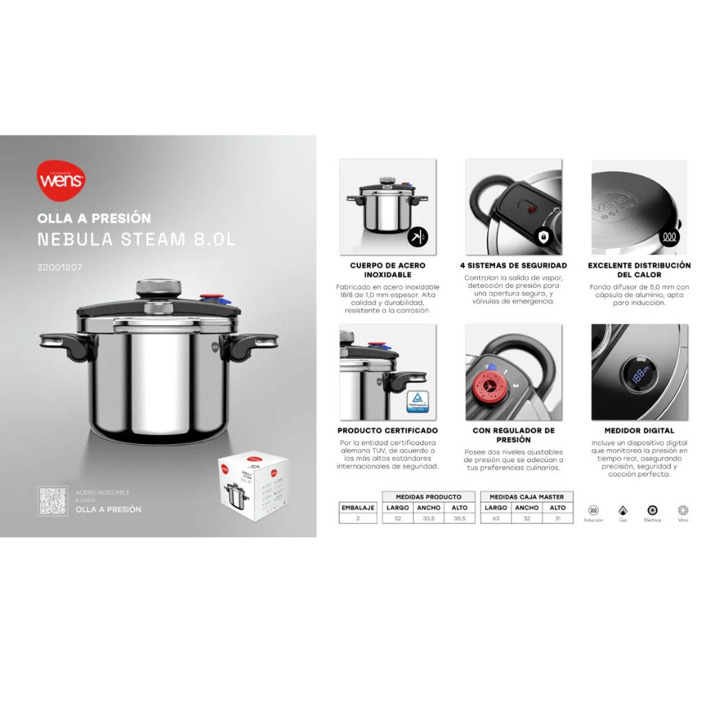 Olla a Presión de Acero Inoxidable 8Ltrs Nebula Steam Wens