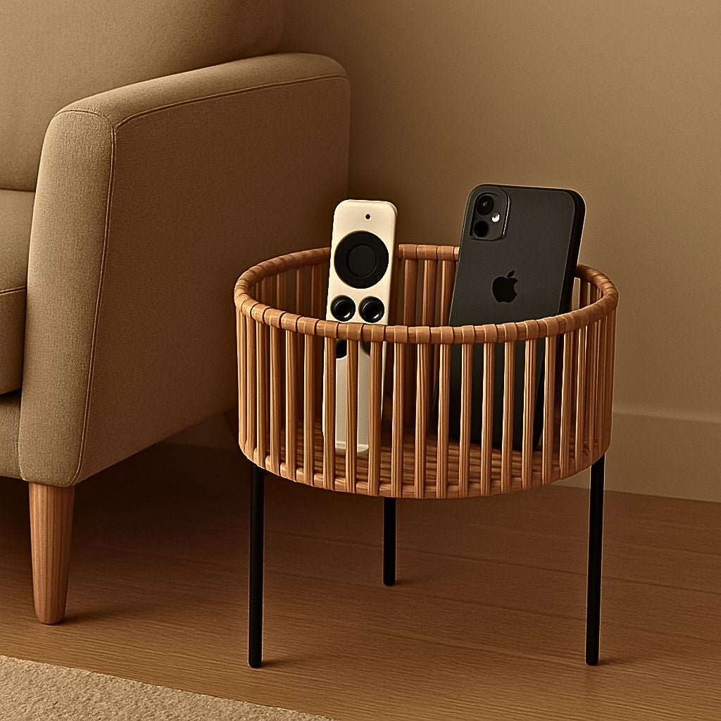 Pedestal decorativo multipropósito de metal y mimbre Matias