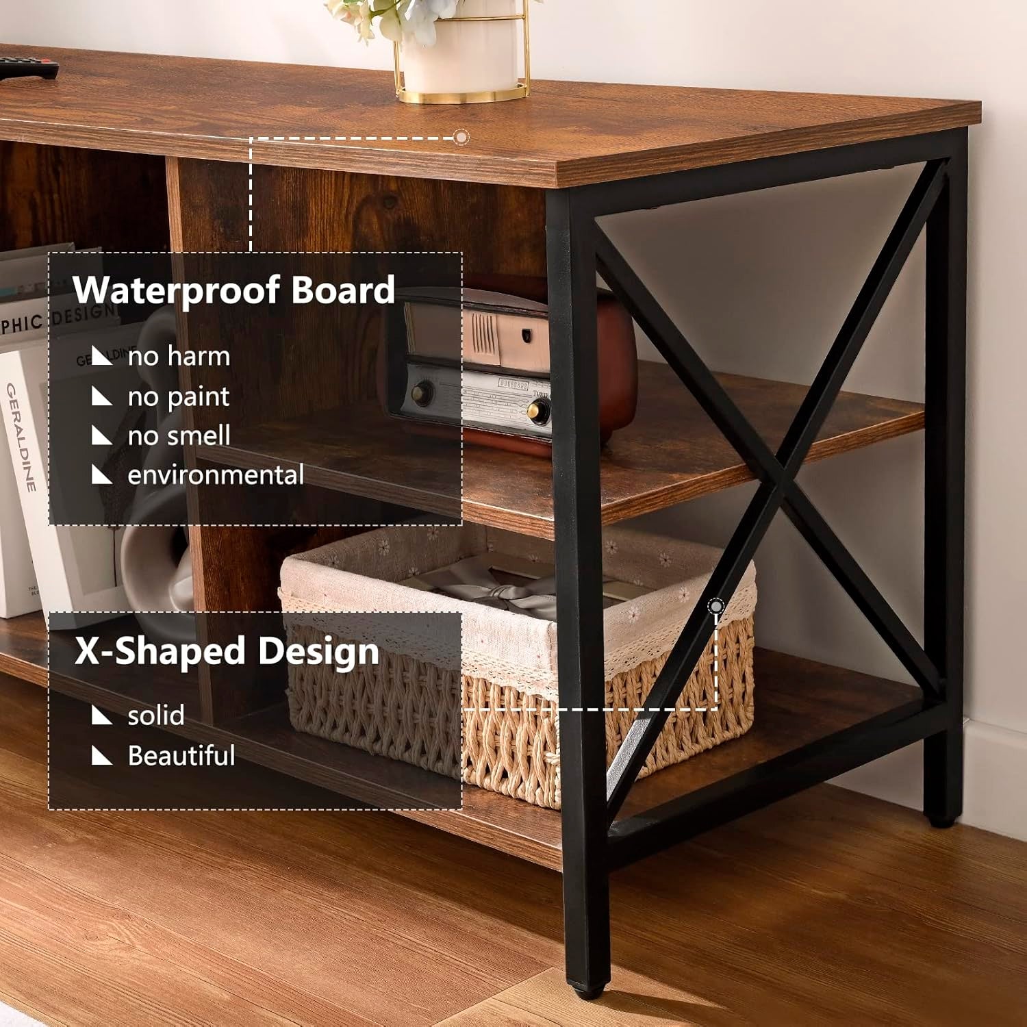 Rack Librero Industrial para TV Madera Cafe y Metal Estilo Moderno y Funcional