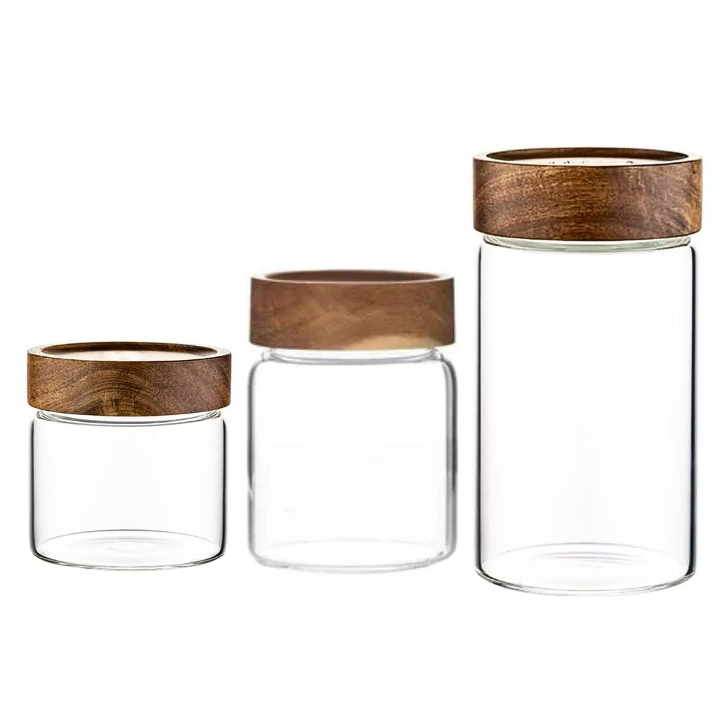 Set 3 Frascos Tapa Madera (1x1lt, 1x0,75 Lt. 1x0,5 Lt)