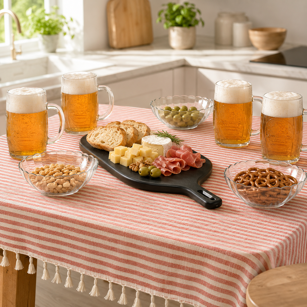 Set Fonda en Casa con Mantel, Vasos Vikings, Ensaladeras Bella y Tabla Coquinaria