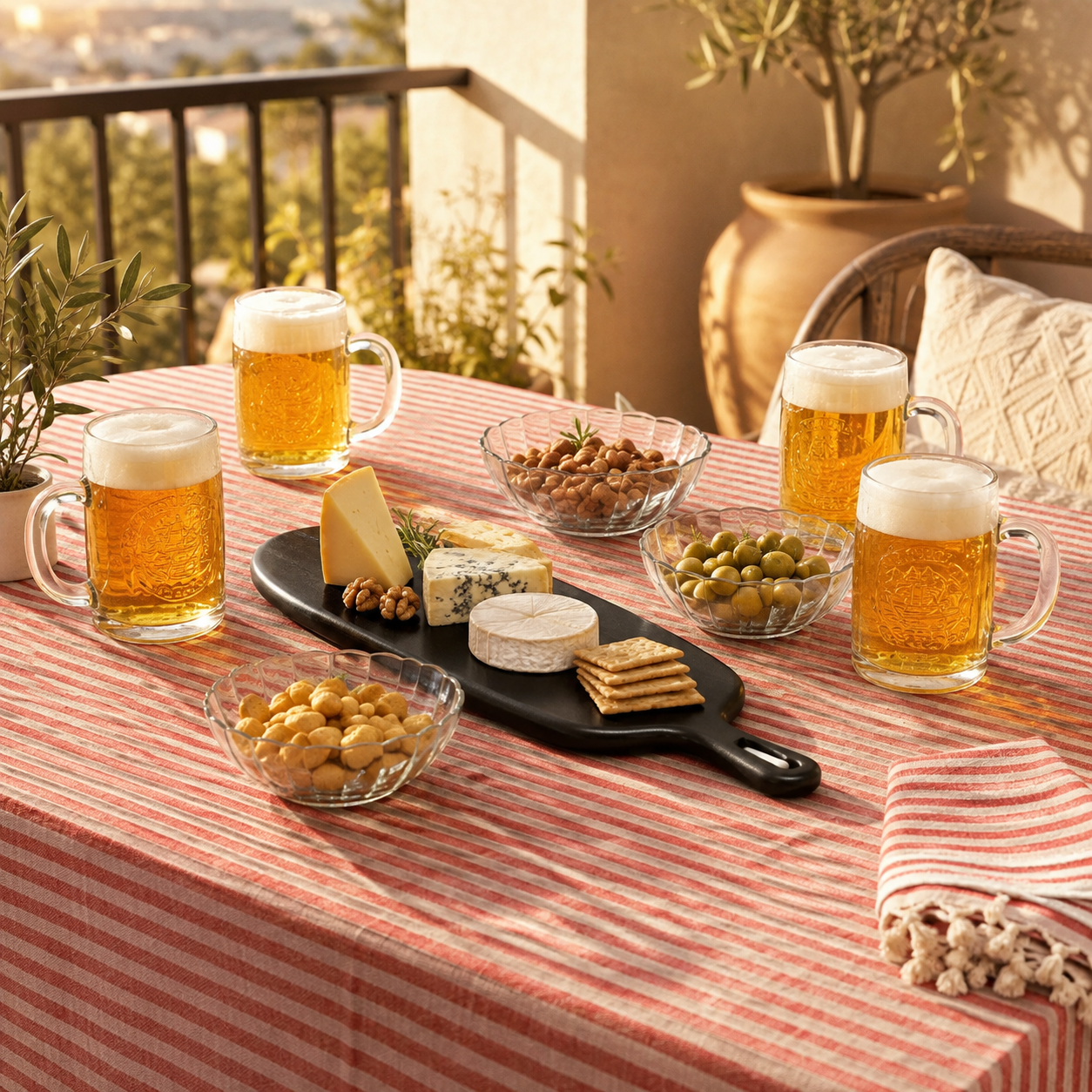 Set Fonda en Casa con Mantel, Vasos Vikings, Ensaladeras Bella y Tabla Coquinaria