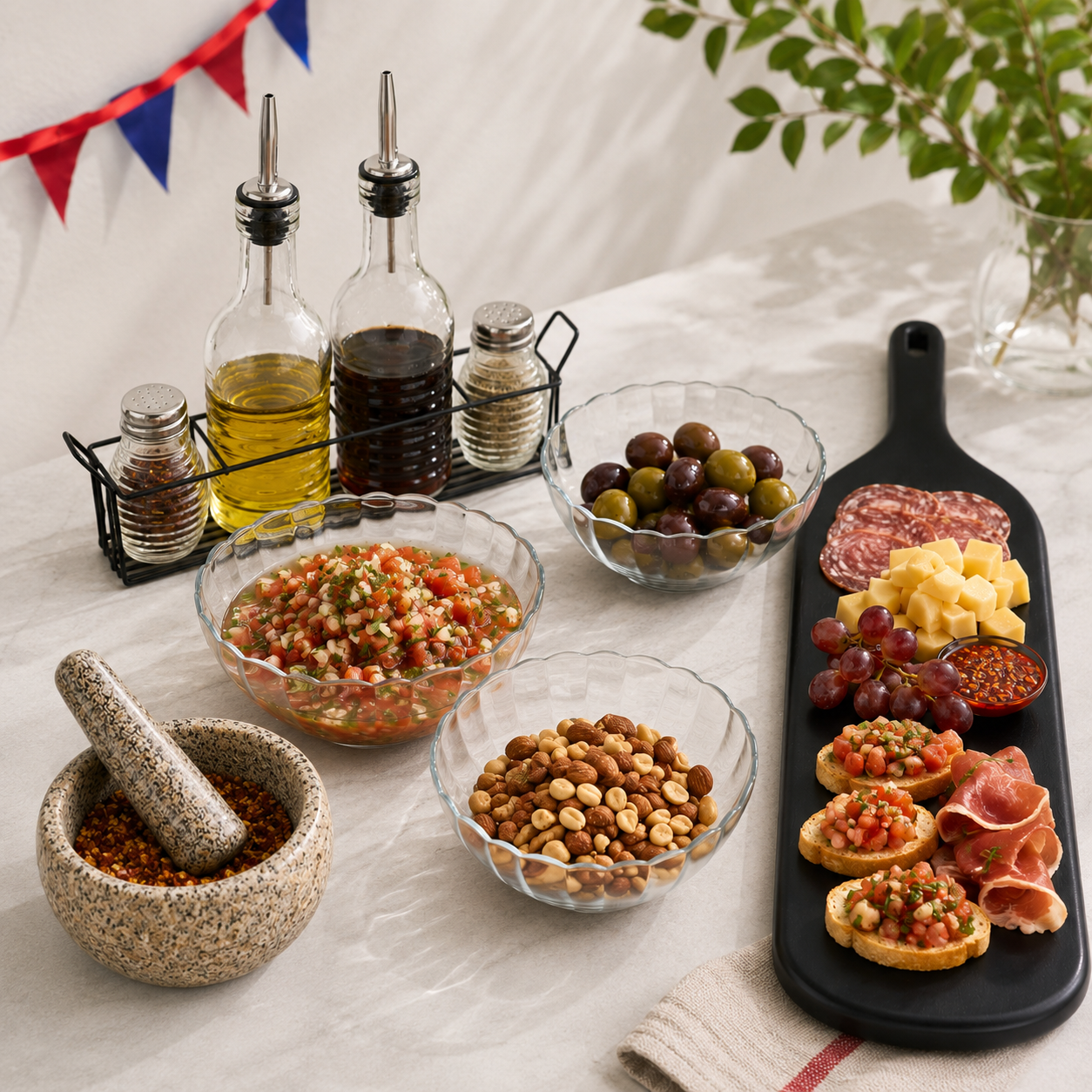 Set Pebre Chileno con Mortero, Alcuza, Ensaladeras Bella y Tabla Coquinaria