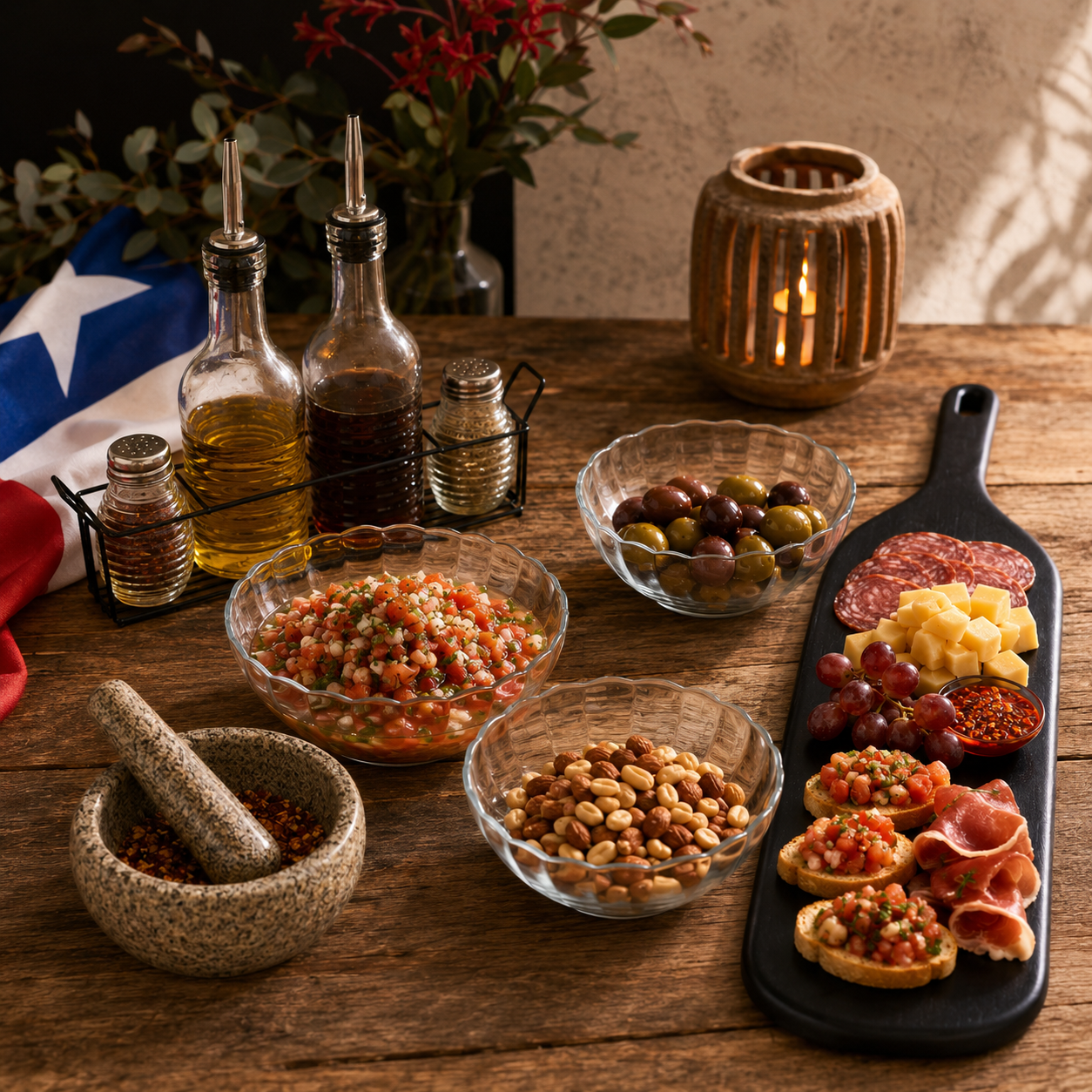 Set Pebre Chileno con Mortero, Alcuza, Ensaladeras Bella y Tabla Coquinaria