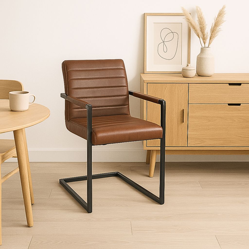 Silla Industrial de Cuero Sintético Marrón con Base Metálica – Café