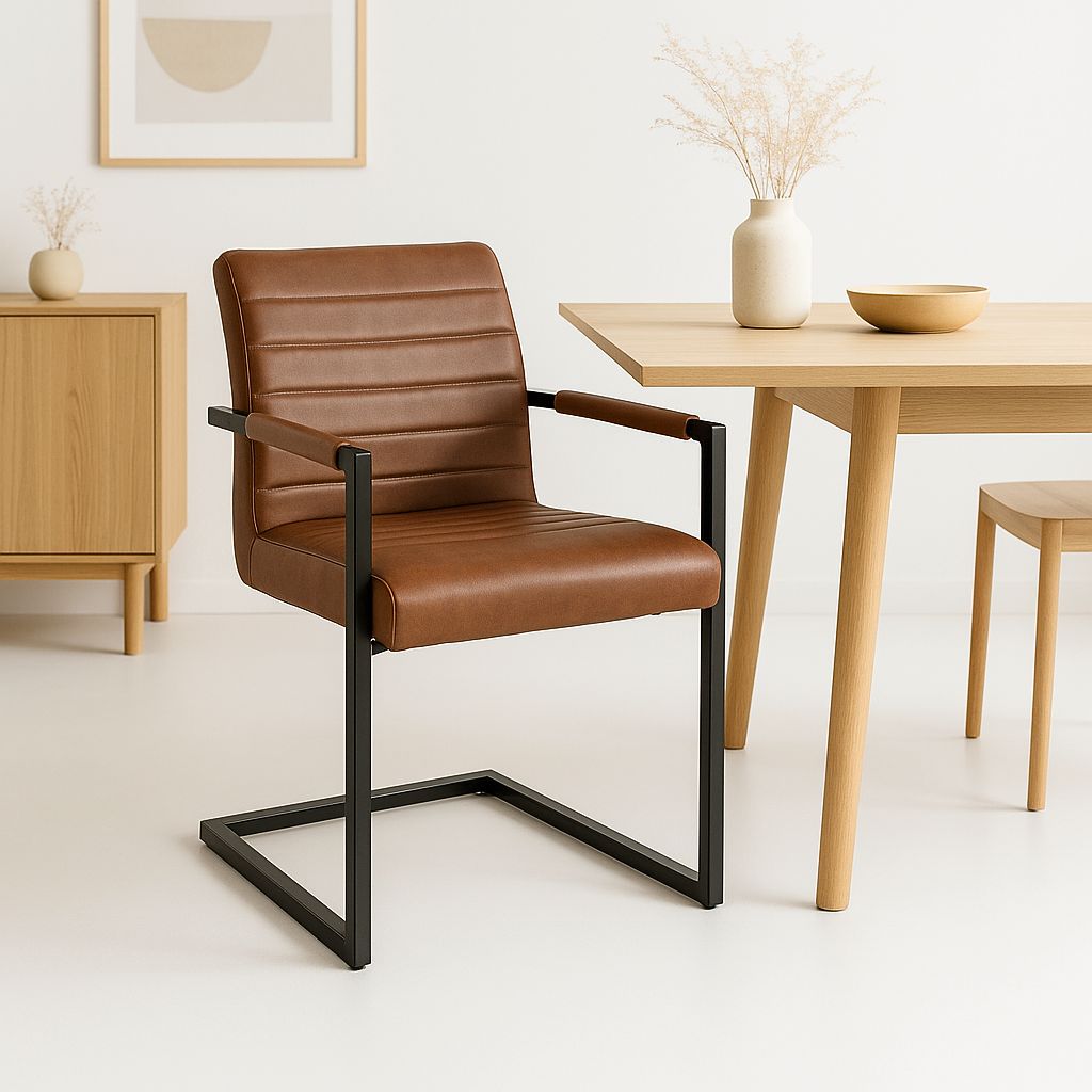 Silla Industrial de Cuero Sintético Marrón con Base Metálica – Café