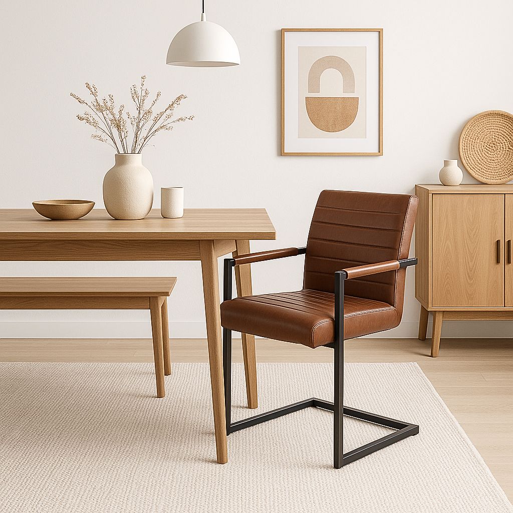 Silla Industrial de Cuero Sintético Marrón con Base Metálica – Café