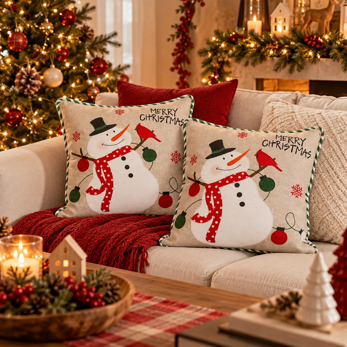 Pack de 2 Fundas Cojín Navideño Mono de Nieve