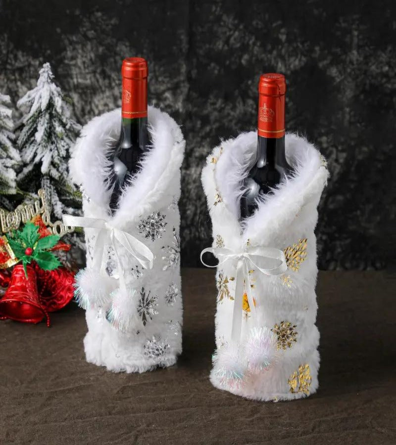 Pack de 3 Cubierta de botella vino de Navidad, blanca plateada