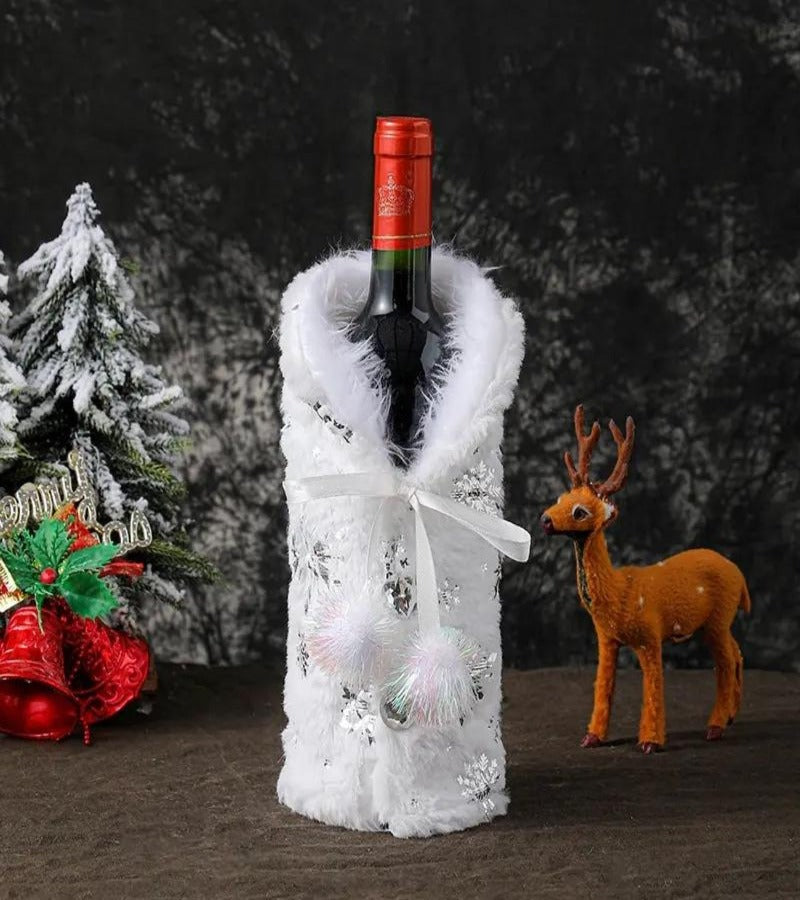 Pack de 3 Cubierta de botella vino de Navidad, blanca plateada