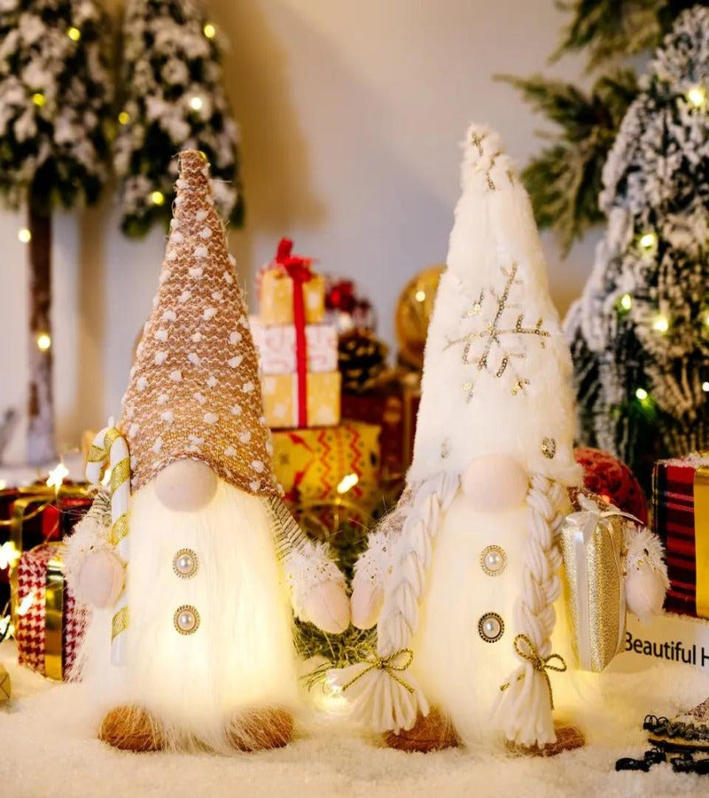 Pareja de Duendes Navideños luminosos tono blanco y café