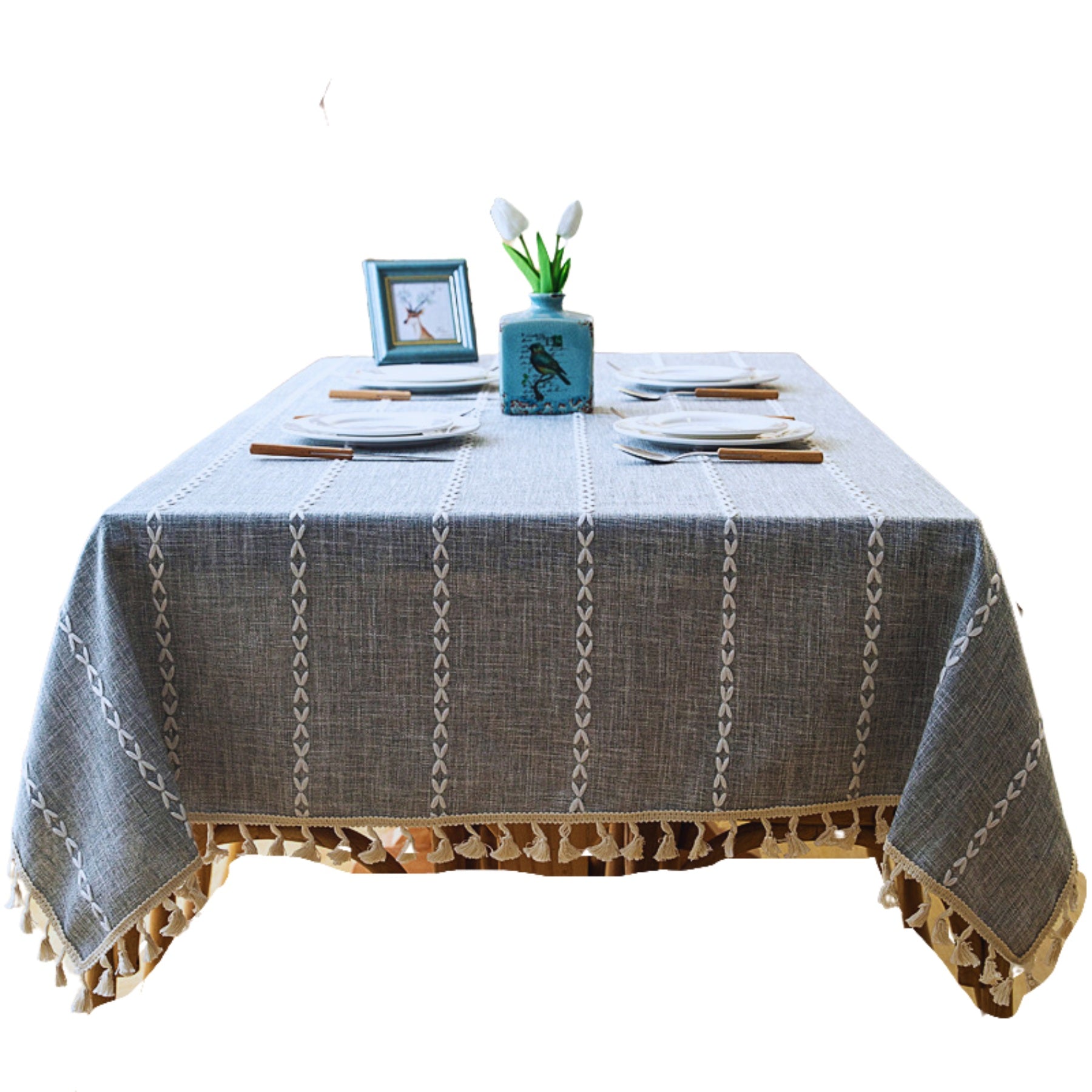 Mantel Rectangular Gris Piedra con Bordados Centrales – Estilo Bohemio con Toque Artesanal