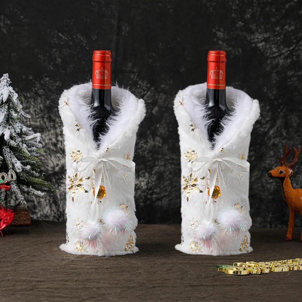 Pack de 2 Cubre botellas de vino de Navidad, blanca dorada