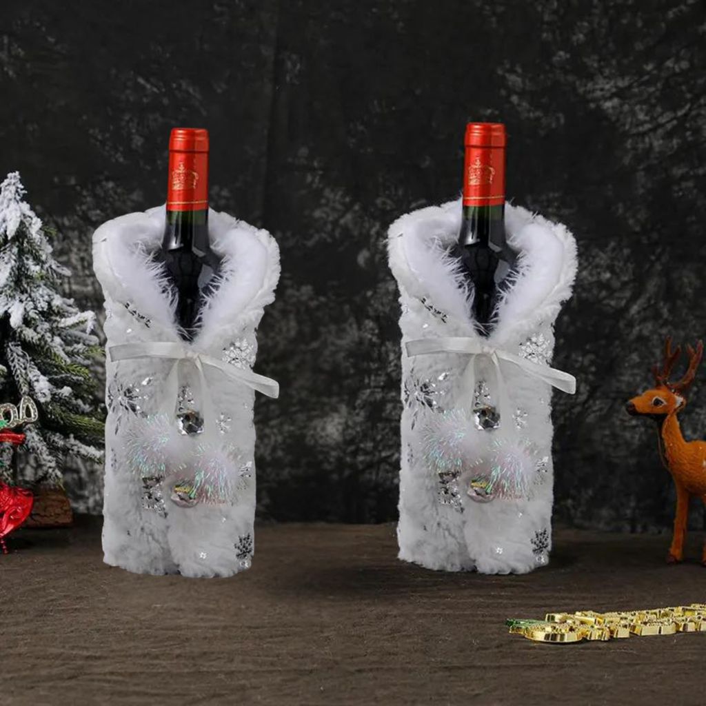 Pack de 2 Cubre botellas de vino de Navidad, blanca plateada