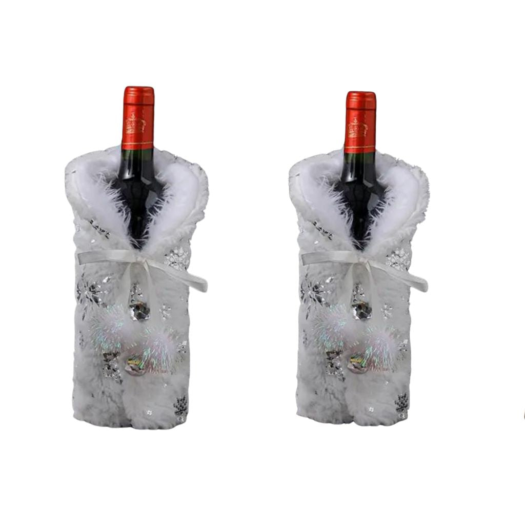 Pack de 2 Cubre botellas de vino de Navidad, blanca plateada
