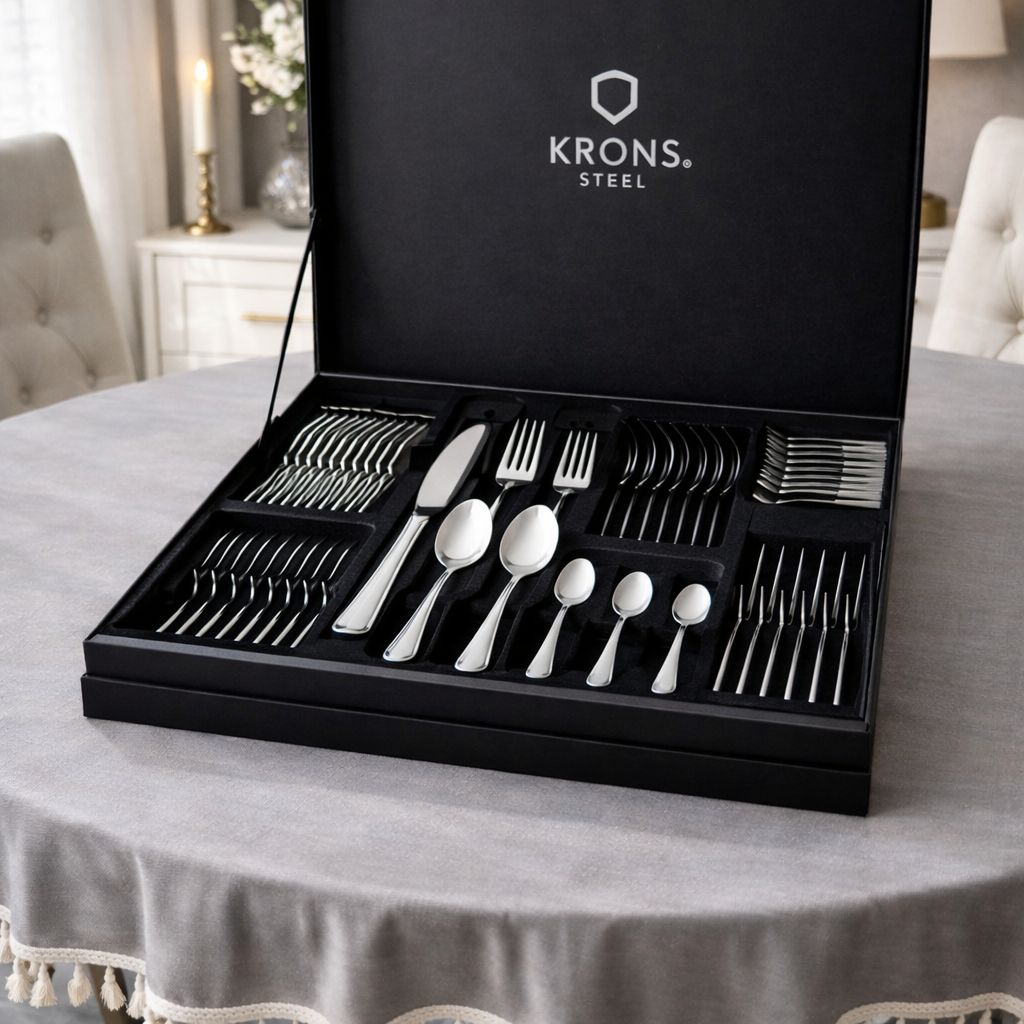 Set Mantel redondo 220 cm gris y Cuchillería 72 piezas para 12 personas