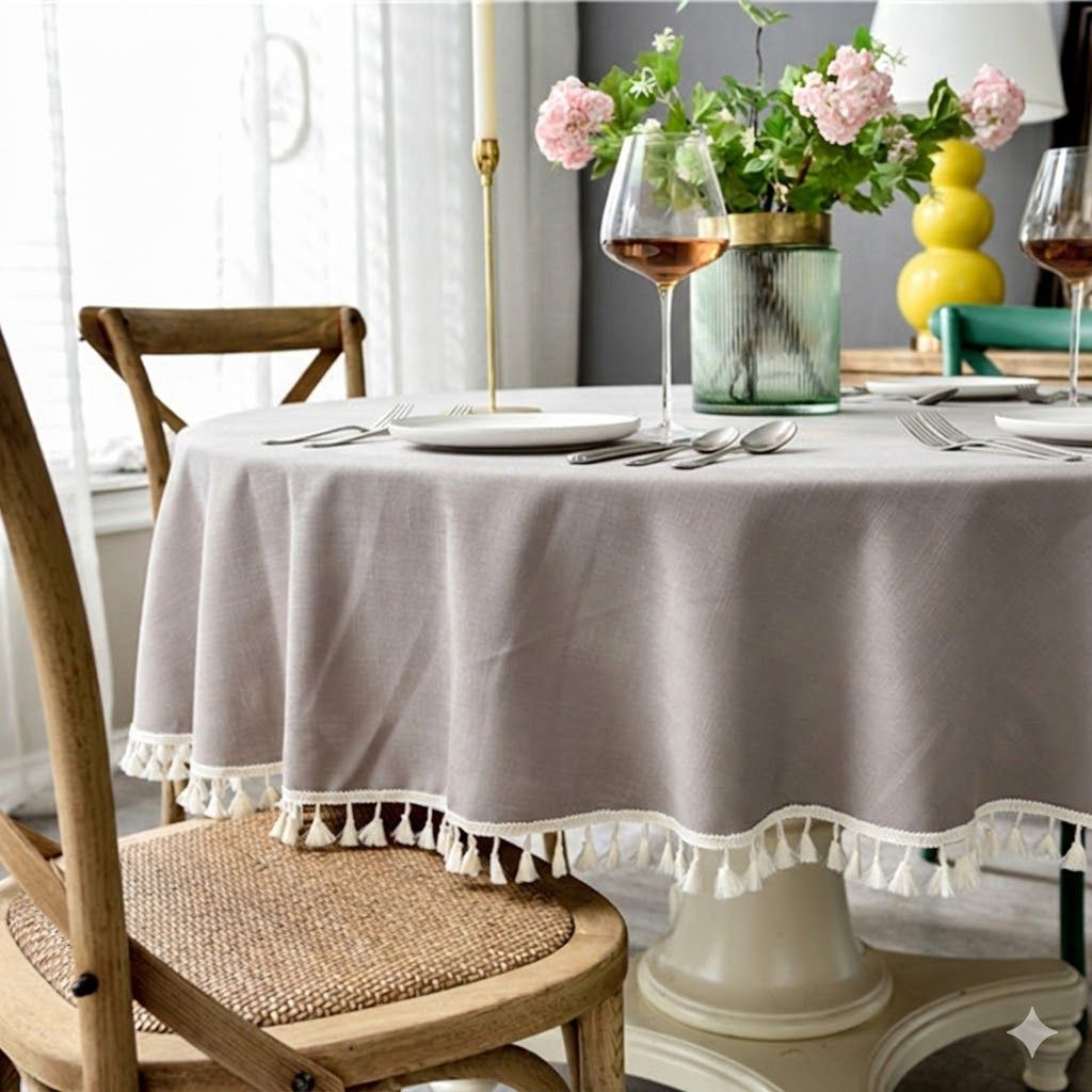 Set Mantel redondo 220 cm gris y Cuchillería 72 piezas para 12 personas