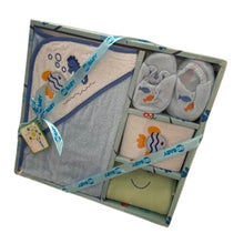 Cargar imagen en el visor de la galería, Set de baño Bebe Celeste con Babero, 4 Piezas
